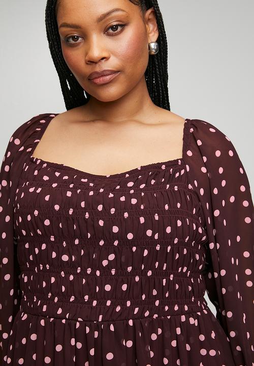 Me&B - Plus Shirred Georgette Maxi -  Burgundy & Pink