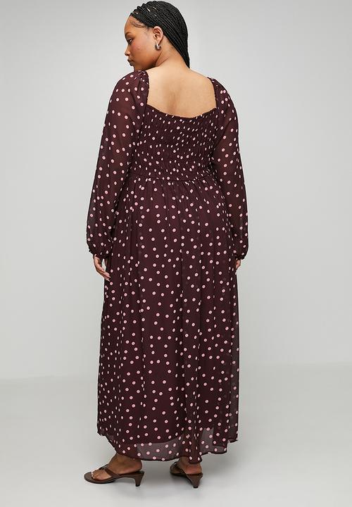 Me&B - Plus Shirred Georgette Maxi -  Burgundy & Pink