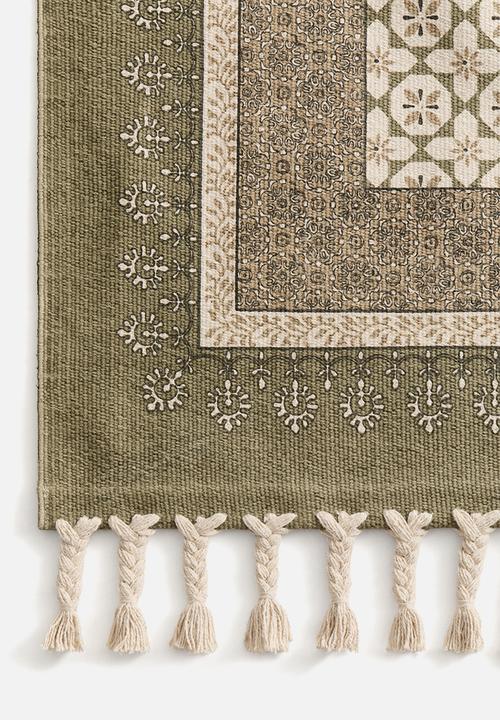 H&M - Fringed cotton runner rug - olive green/patterned