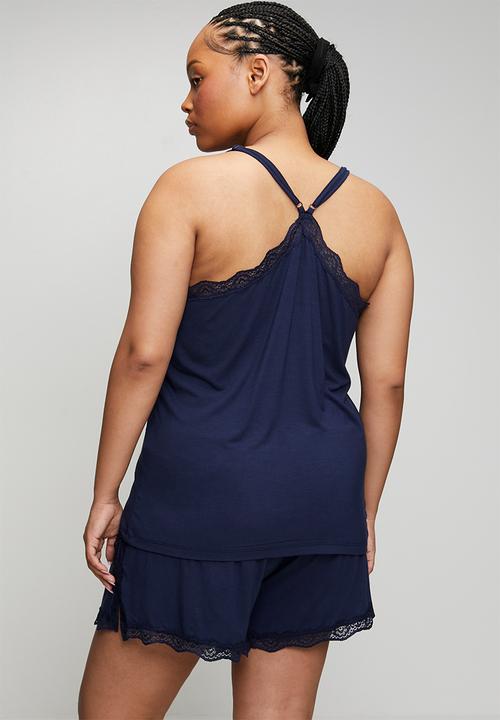 Trendyol - Plus Strap Knitted Lace Detail Pajamas Set - Navy Blue