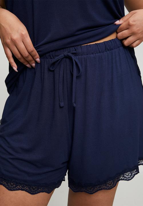 Trendyol - Plus Strap Knitted Lace Detail Pajamas Set - Navy Blue