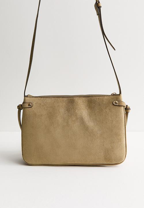 New Look - Faux Suede Triple Compartment Crossbody Bag - Mink