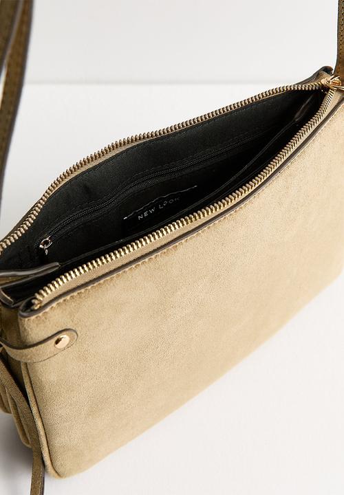 New Look - Faux Suede Triple Compartment Crossbody Bag - Mink