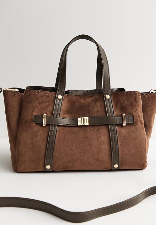 New Look - Faux Suede Triple Compartment Tote Bag - Dark Brown