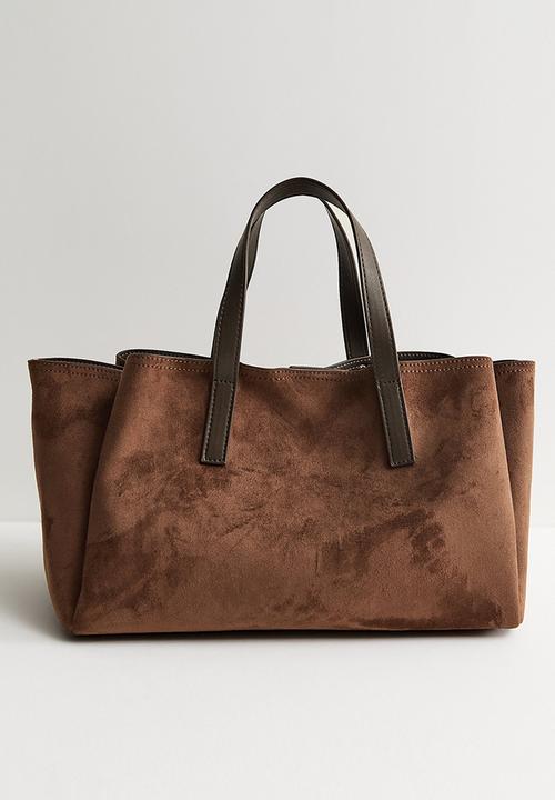 New Look - Faux Suede Triple Compartment Tote Bag - Dark Brown