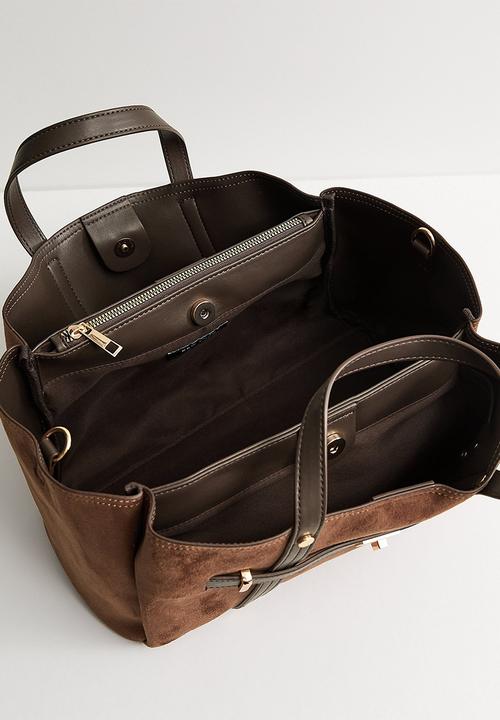 New Look - Faux Suede Triple Compartment Tote Bag - Dark Brown