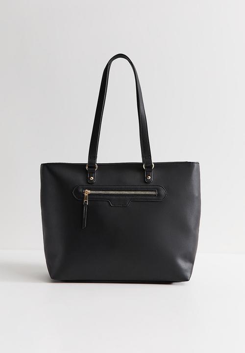 New Look - Faux Leather Front Zip Pocket Tote Bag - Black