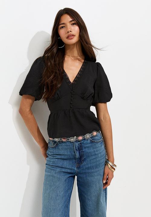 New Look - K tayla lace button tea top - black