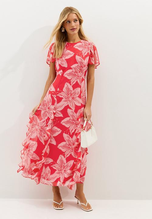 New Look - Orchid godet chiffon midi dress - red & pink