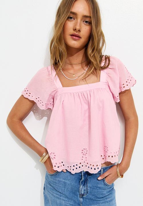 New Look - Embroidered Square Neck Blouse - Pink