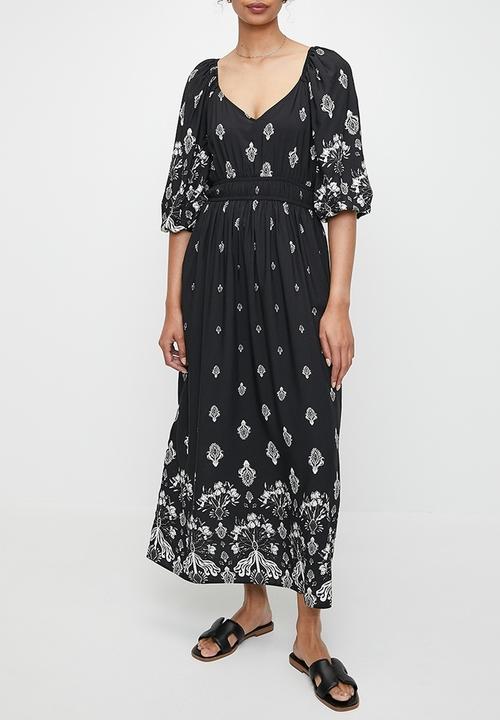 MILLA - Balloon sleeve empire midi dress - black dandelion double border