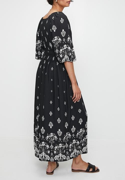MILLA - Balloon sleeve empire midi dress - black dandelion double border