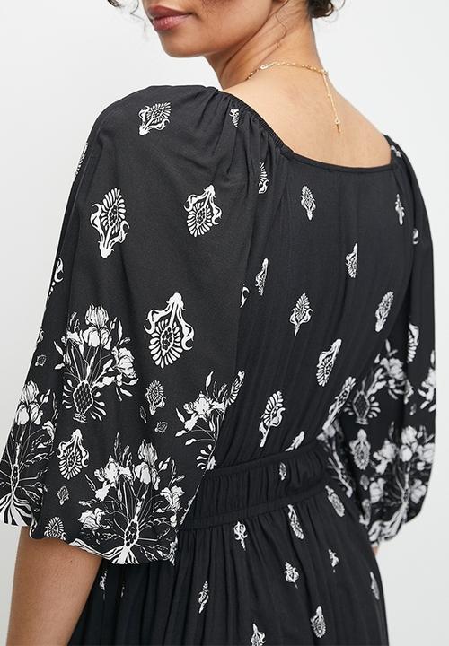 MILLA - Balloon sleeve empire midi dress - black dandelion double border