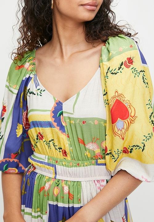MILLA - Balloon sleeve empire midi dress - mystical roses patchwork aop