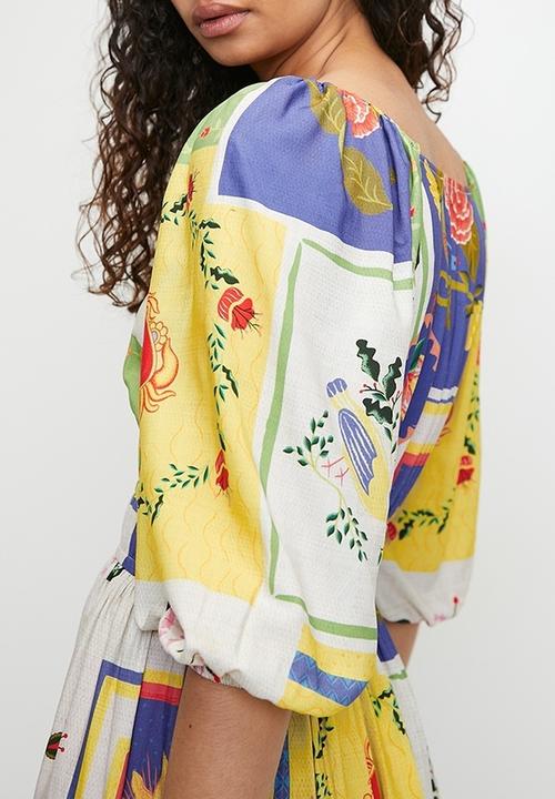 MILLA - Balloon sleeve empire midi dress - mystical roses patchwork aop