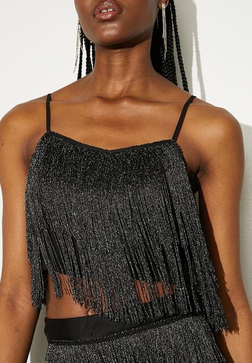 VELVET - Fringe crop shell - silver & black