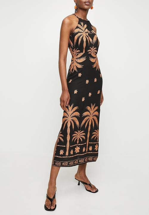 Superbalist - Linen look halter slip dress -  stualised palm dbl border