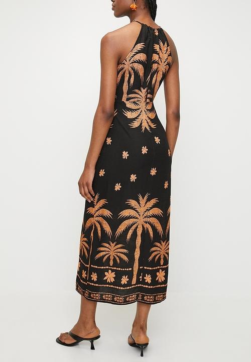 Superbalist - Linen look halter slip dress -  stualised palm dbl border