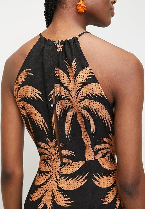 Superbalist - Linen look halter slip dress -  stualised palm dbl border