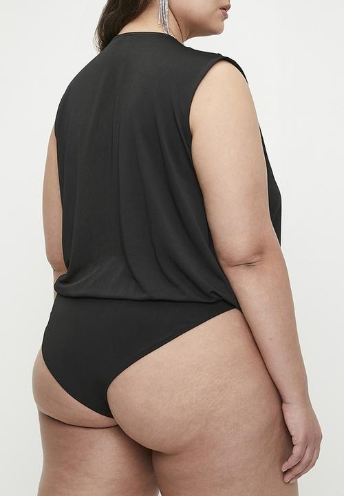 MILLA - V-neck wrap over combo bodysuit plus - black