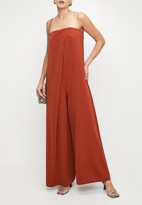 edit - Bandeau pleat detail wide leg jumpsuit - brown