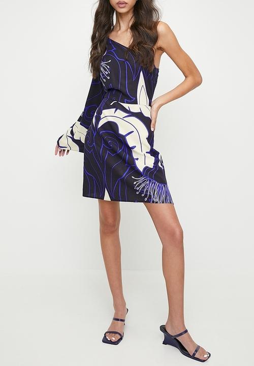 Superbalist - Statement sleeve mini shift dress - blue damascus macro leaf