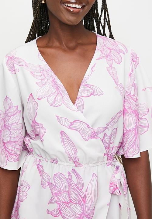 MILLA - Wrap Bodice with Skort Playsuit - Line Drawn Pink Floral