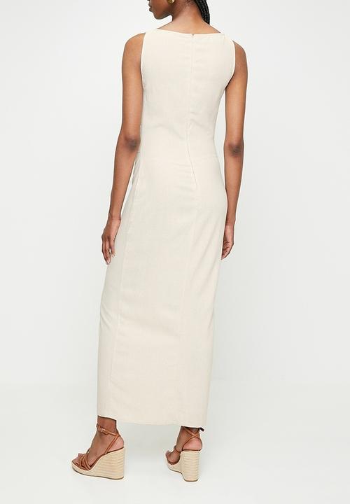edit - Slash Neck Linen Blend Column Maxi Dress - Neutral