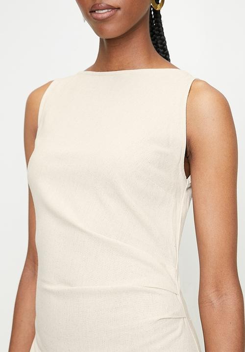 edit - Slash Neck Linen Blend Column Maxi Dress - Neutral