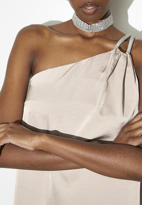 VELVET - Embellished asym satin trapeze dress - Neutral