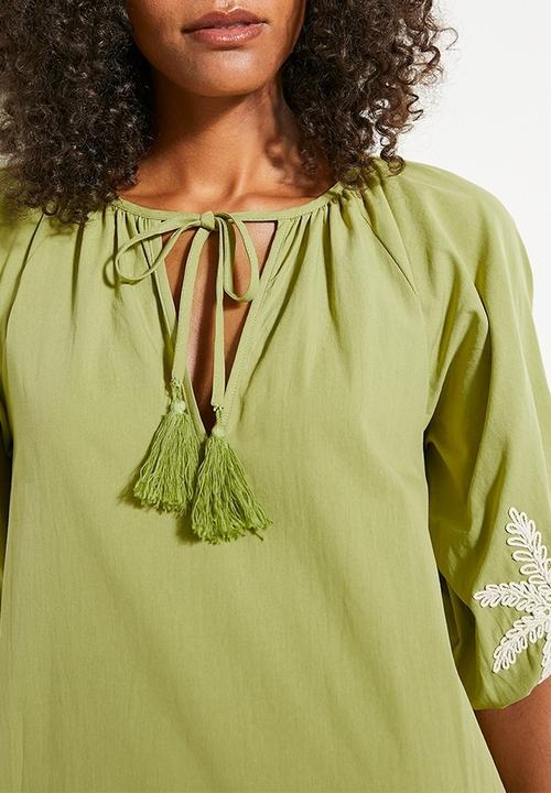 edit - Puff sleeve embroidery dress - green