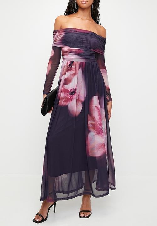 MILLA - Bardot mesh fit & flare maxi dress - Moody Burgundy Blurred Floral