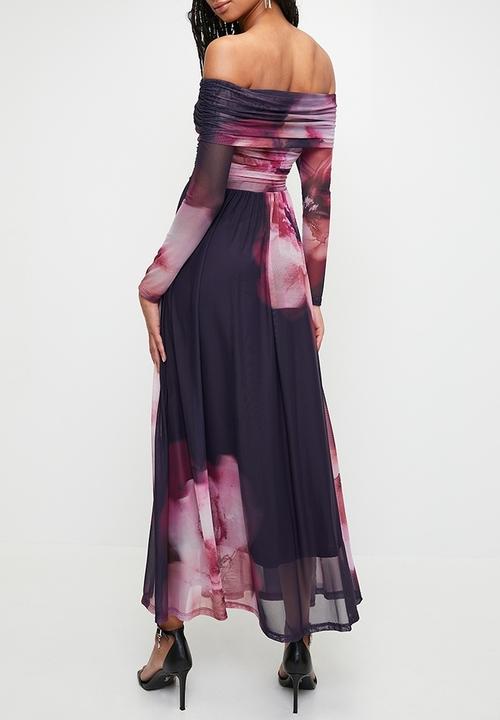 MILLA - Bardot mesh fit & flare maxi dress - Moody Burgundy Blurred Floral