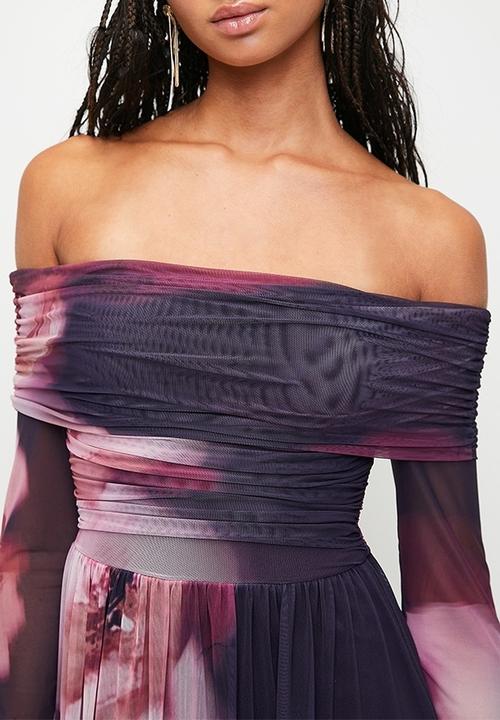 MILLA - Bardot mesh fit & flare maxi dress - Moody Burgundy Blurred Floral