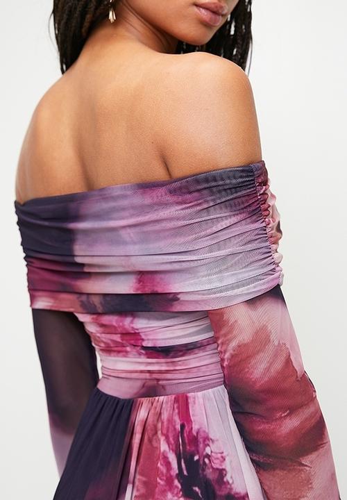 MILLA - Bardot mesh fit & flare maxi dress - Moody Burgundy Blurred Floral