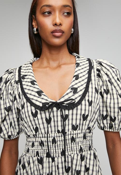 Me&B - Check with Heart Shirred Midi Dress - Multi