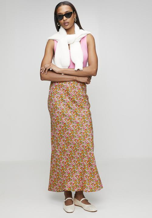 New Look - Hazel floral spun bias midi skirt - green
