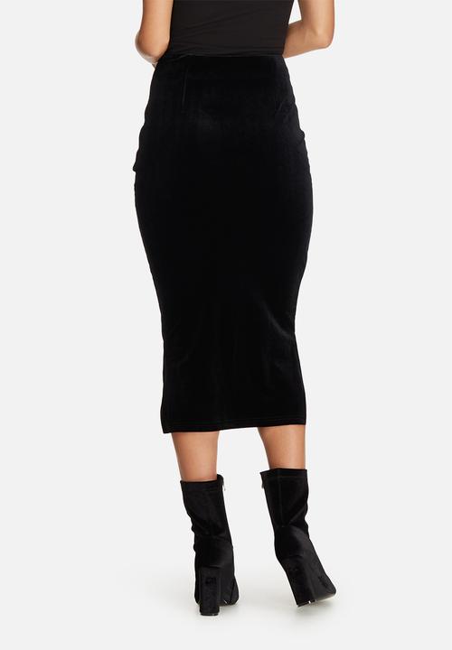 Missguided - Velvet eyelet detail front longline midi skirt