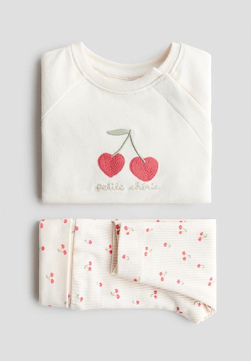 H&M - 2-Piece cotton set - white/petite cherrie