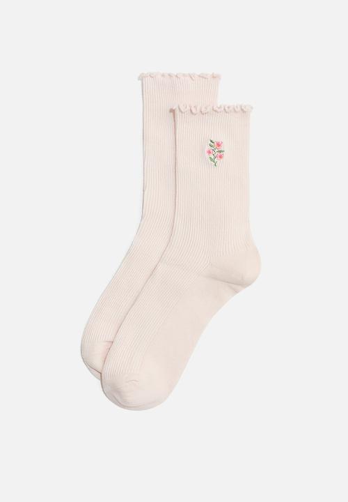 H&M - 5-pack rib-knit socks - white/floral