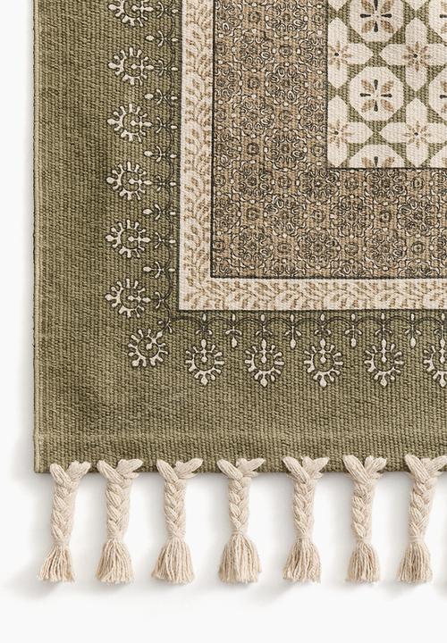 H&M - Fringed cotton runner rug - olive green/patterned
