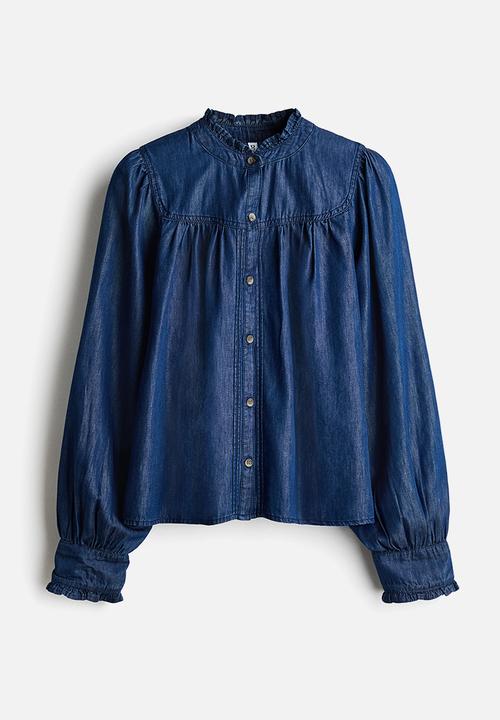 H&M - Frill-trimmed denim blouse - dark denim blue