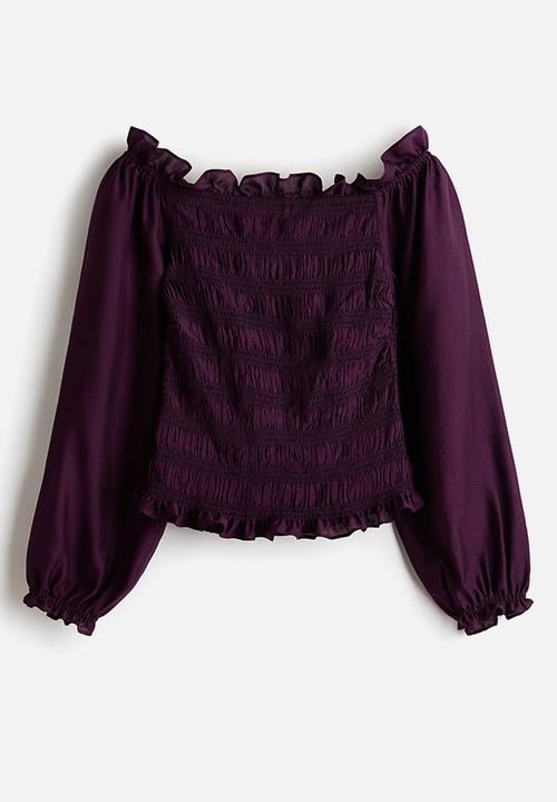 H&M - Smocked off-the shoulder blouse - plum purple