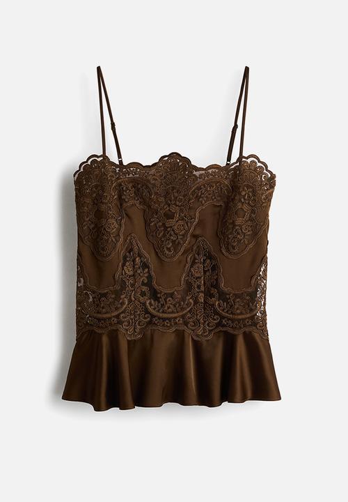 H&M - Lace-detail satin top - brown