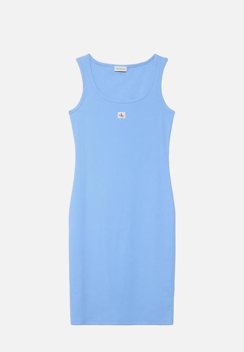 Calvin Klein - Sl baby rib woven label square nk dress - blue descent