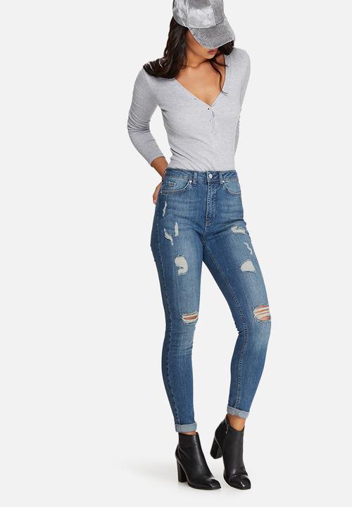 Missguided - Rib long sleeve button front bodysuit