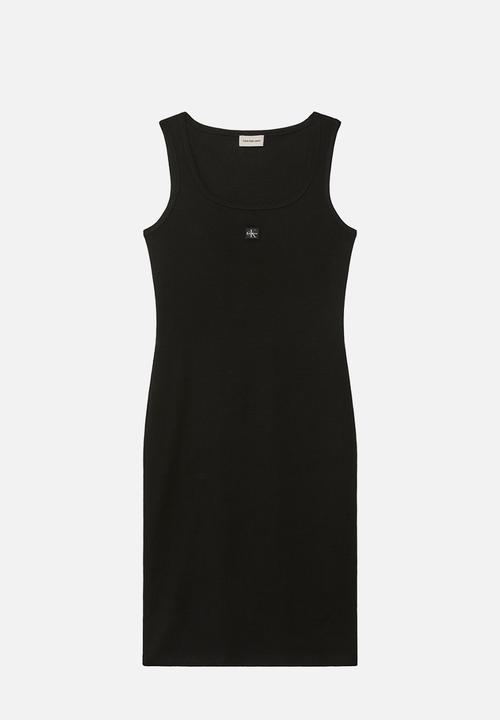 Calvin Klein - Sleeveless baby rib woven label square nk dress - black
