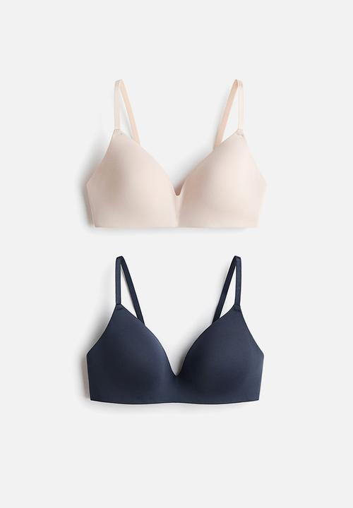 H&M - 2-Pack microfibre non-wired bras - navy blue/light beige