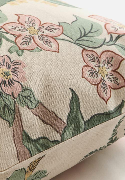 H&M - Patterned canvas cushion cover - light beige/floral