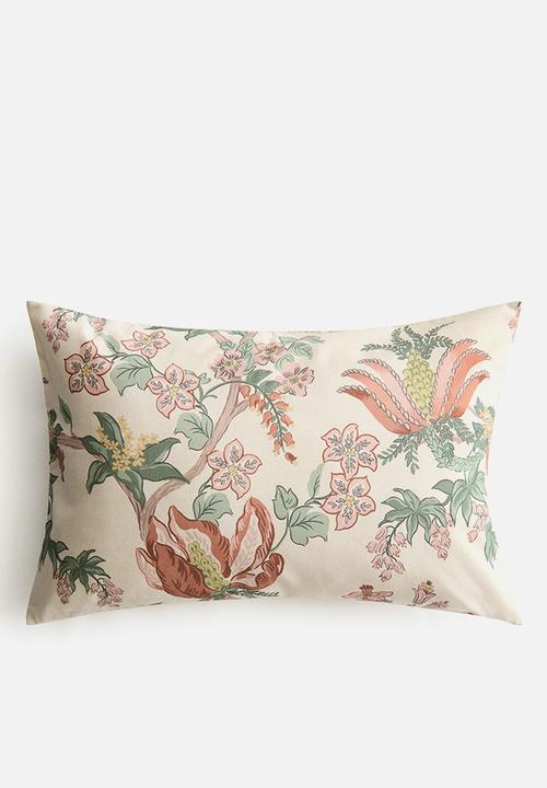 H&M - Patterned canvas cushion cover - light beige/floral